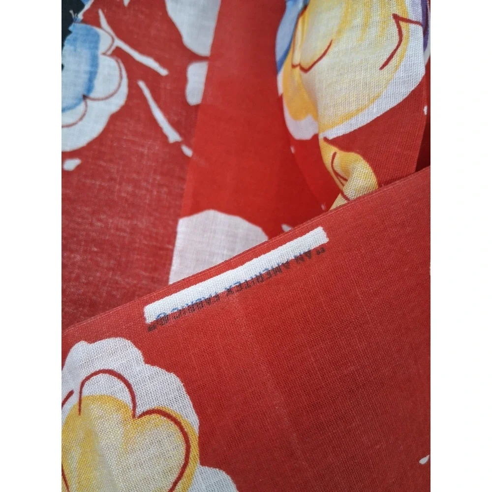 Vintage Ameritex Fabric Red w/ Blue White Florals Cotton Fabric MCM 54 Inches
